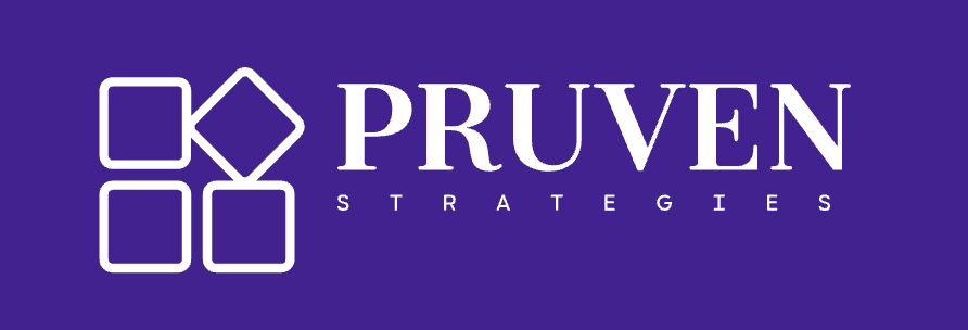 The Pruven Strategies logo in white text on a purple background, featuring a design of four squares forming a larger square.
