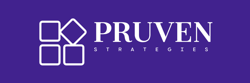The Pruven Strategies logo: three white square outlines and one diamond outline on a dark purple background.