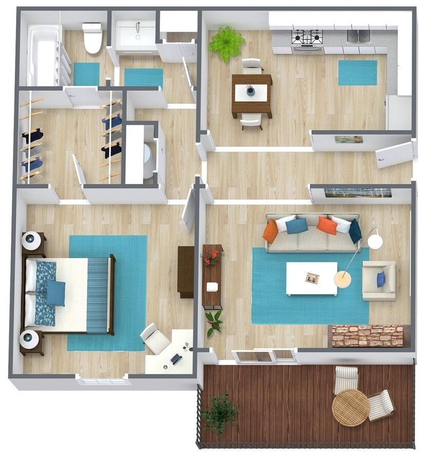 A 3d floor plan of a house with a bedroom , living room , dining room , and kitchen.