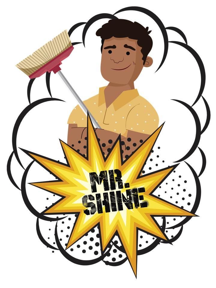 Man holding a broom, smiling, in front of a yellow burst with "MR. SHINE" text.