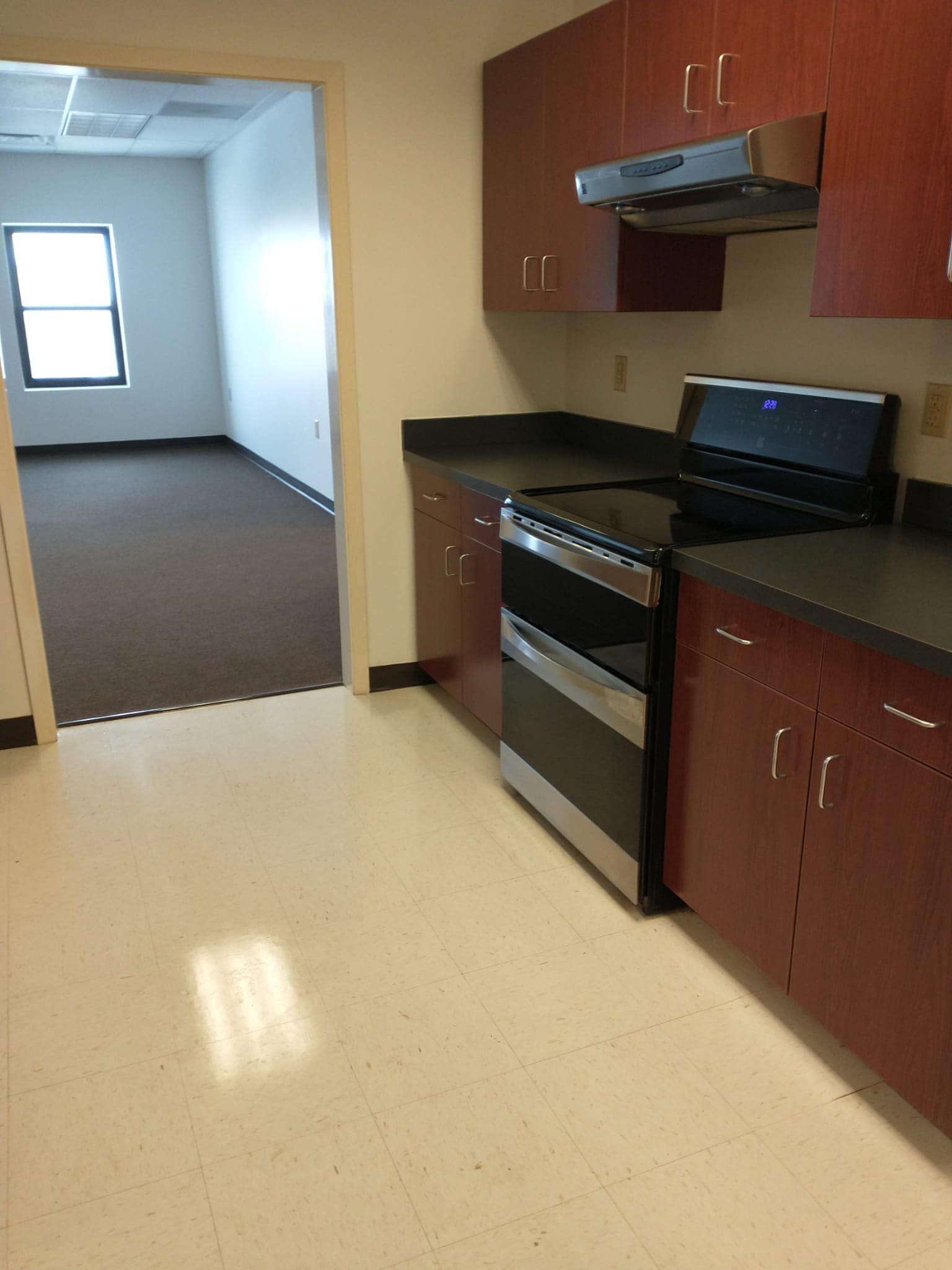 Kitchen with dark cabinets, black countertops, and a stainless steel stove. An open doorway leads to a room with carpet.