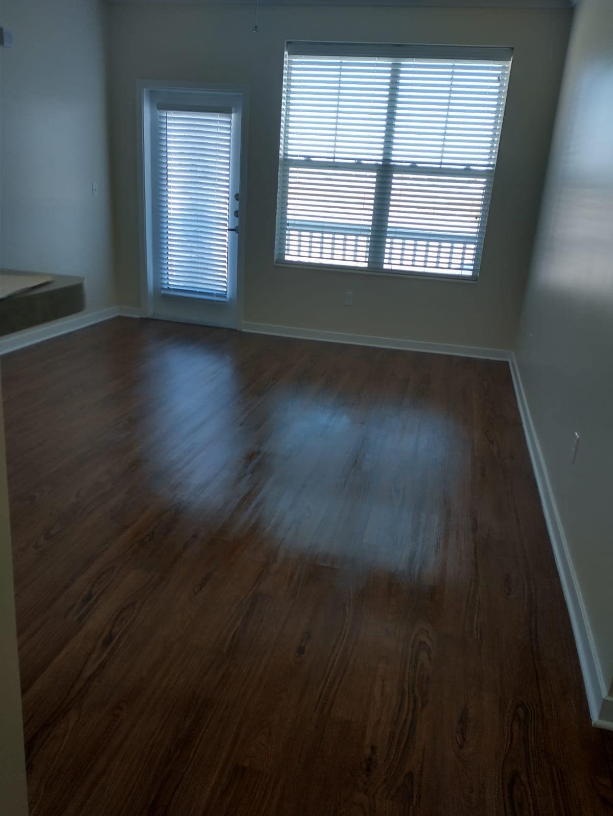 Empty room with glossy wood-look flooring, door and window with blinds; neutral walls, bright daylight.