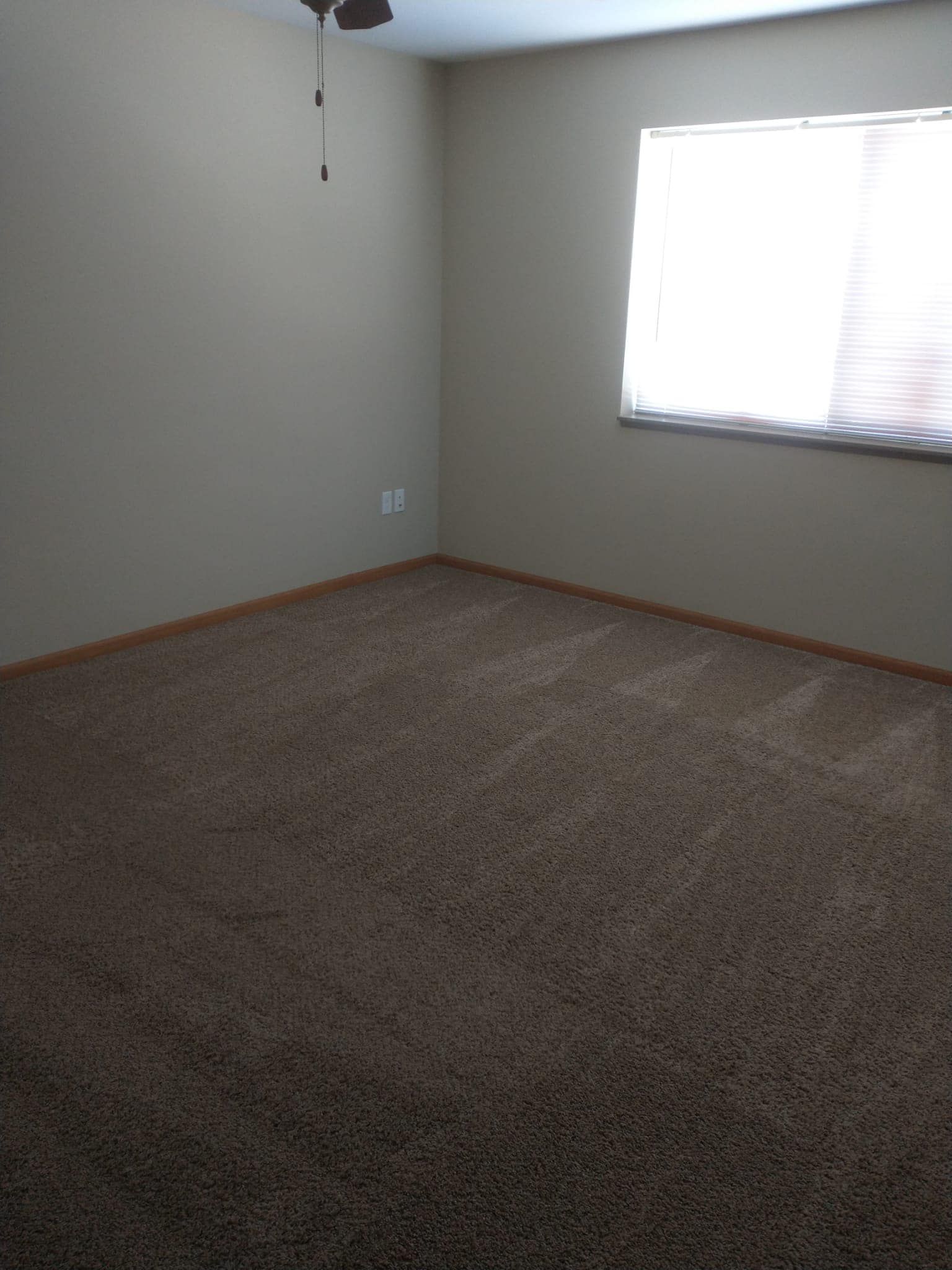 Empty room with brown carpet, beige walls, and a window with blinds.