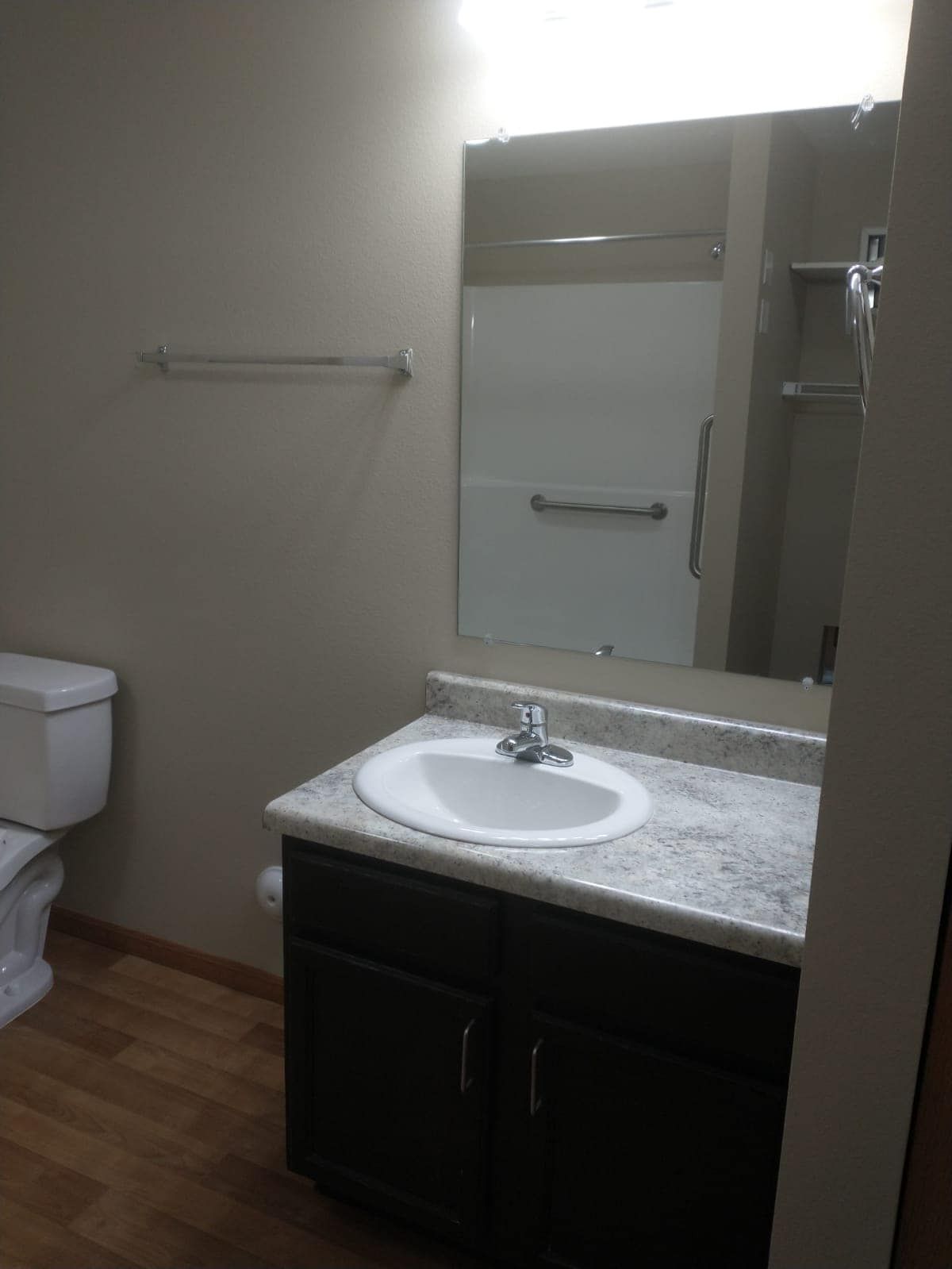 Bathroom with vanity, mirror, toilet, and towel rack. Dark cabinets, gray countertop, and white shower.