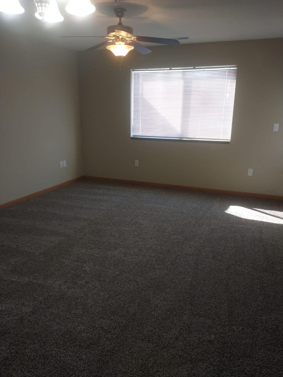 Empty room with tan walls, dark carpet, and a window with blinds.