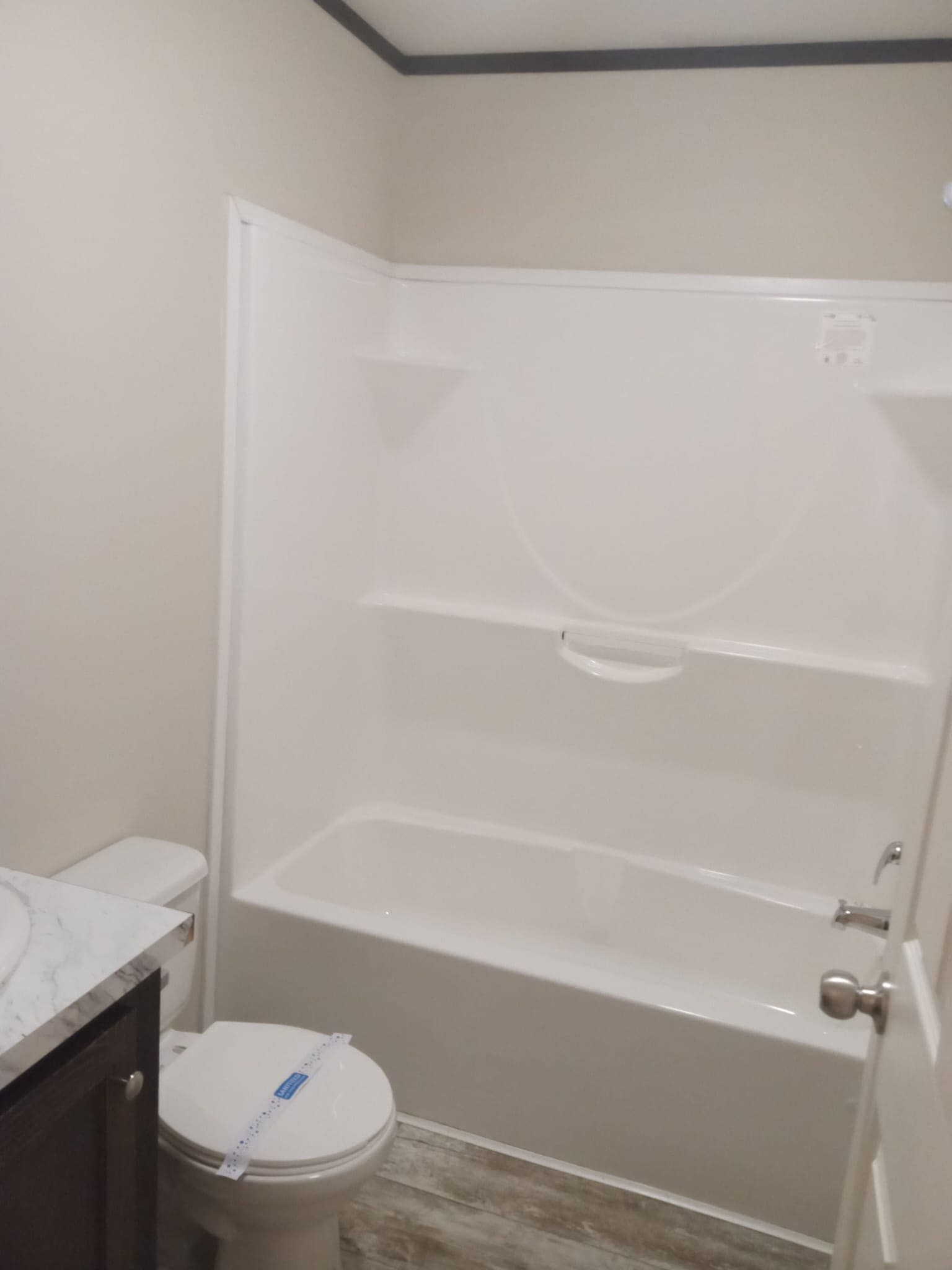 Bathroom with white bathtub/shower unit, toilet, and vanity. Light-colored walls and dark trim.