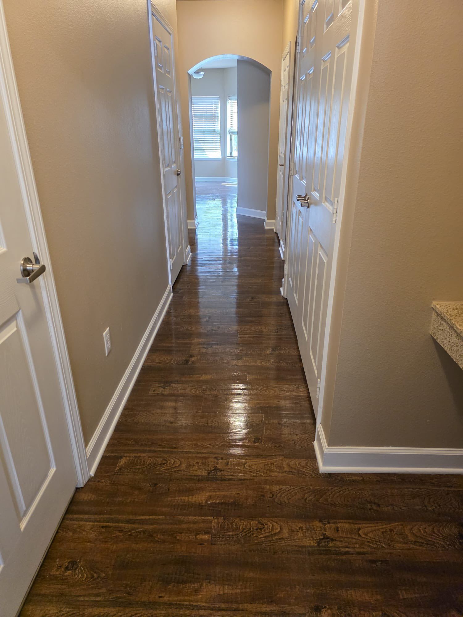 Hallway with dark wood flooring, beige walls, white doors, and arched doorway.