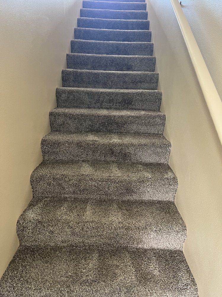 Grey carpeted staircase ascends between off-white walls, white handrail on the right.
