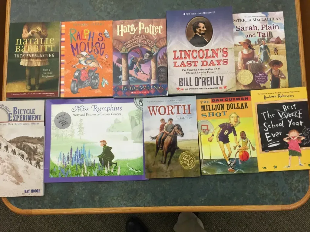 A table display of children's books.