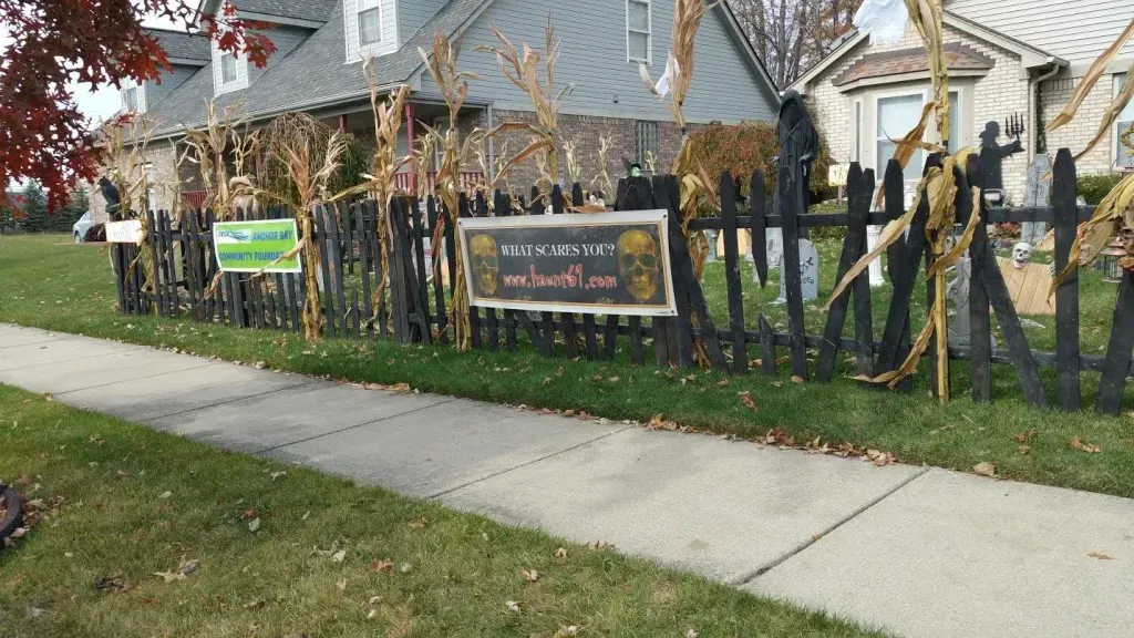 A Halloween-decorated front lawn.
