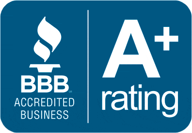 Bbb accredited business a+ rating logo on a blue background