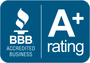 Bbb accredited business a+ rating logo on a blue background