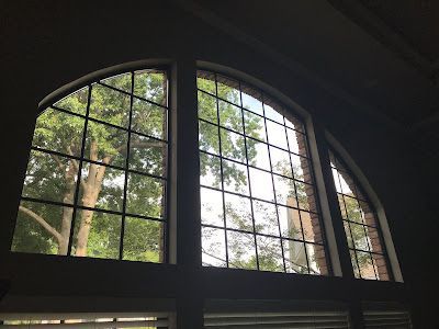 A large arched window in a dark room with trees reflected in it.