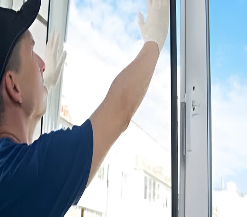 A man is installing a window in a house.