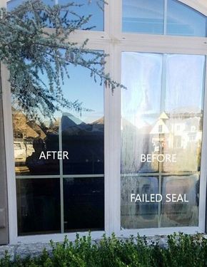 A before and after picture of a window with a failed seal.