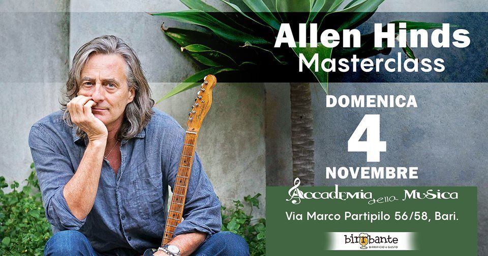 Annuncio della masterclass di Allen Hinds: L'uomo con la chitarra, domenica 4 novembre, a Bari.