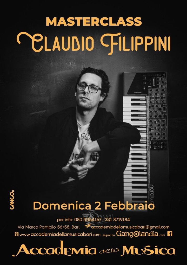 Masterclass poster: Claudio Filippini with piano, setting at Accademia della Musica on Feb 2.