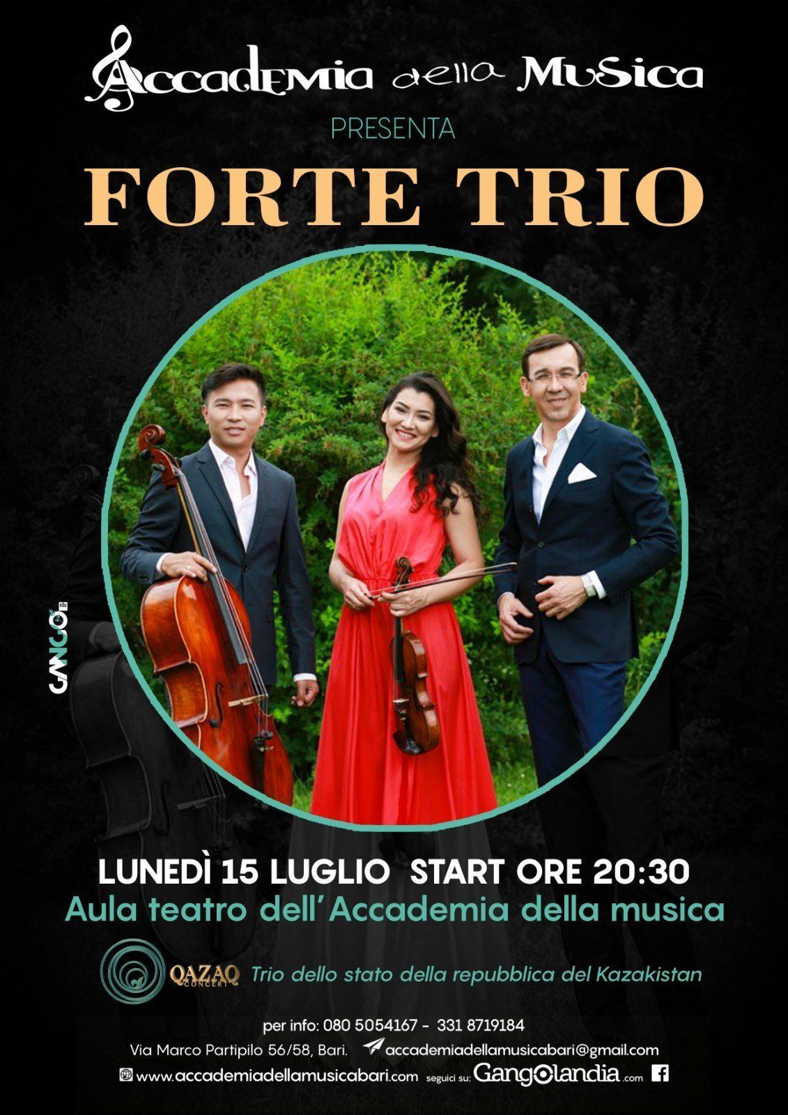 Manifesto: evento musicale del Forte Trio, con tre musicisti, sfondo scuro.