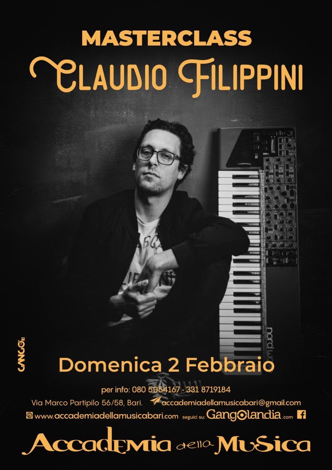 Manifesto della masterclass con Claudio Filippini. Si terrà domenica 2 febbraio. Ambiente buio, pianoforte a vista.