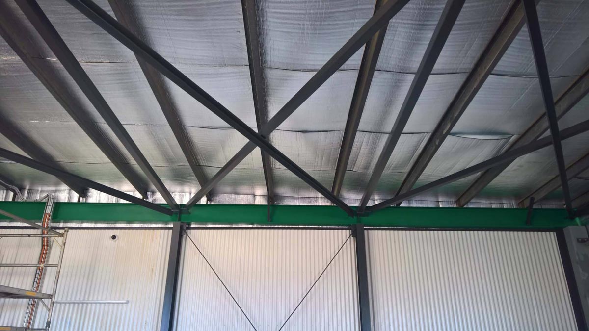 The Ceiling Of A Building With A Green Beam Going Through It — Alice Sheds & Structures In Ciccone, NT