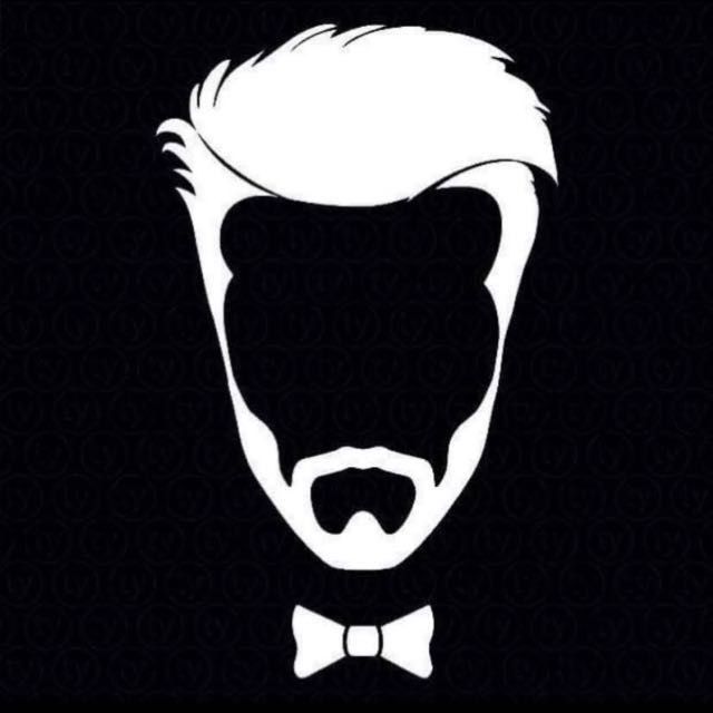 White silhouette of a man with a beard, bow tie, and stylish haircut against a black background.