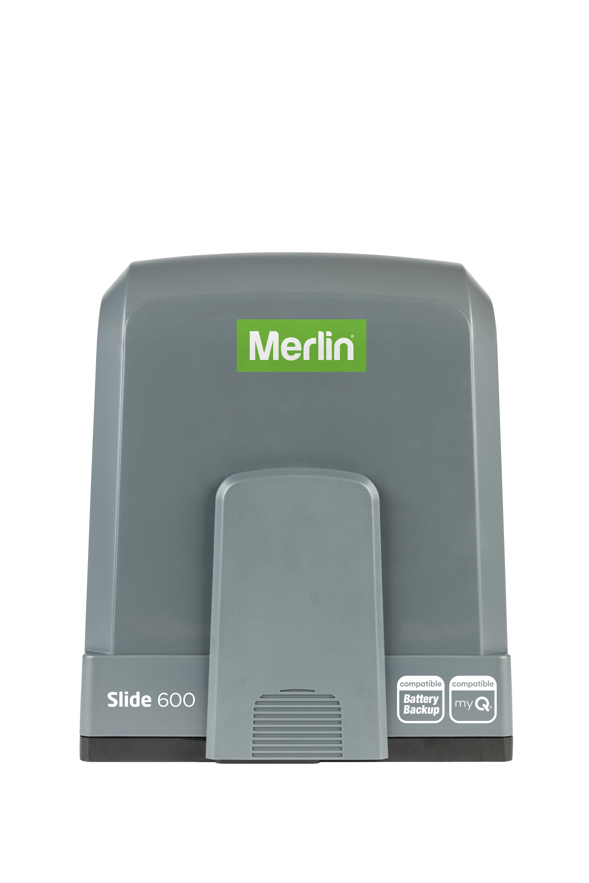 Gray Merlin Slide-o-matic Gate Motor With Green Logo on White Background — Coastal Auto Doors & Gates In Caloundra, QLD