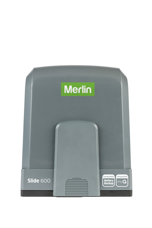 Gray Merlin Slide-o-matic Gate Motor With Green Logo on White Background — Coastal Auto Doors & Gates In Palmwoods, QLD