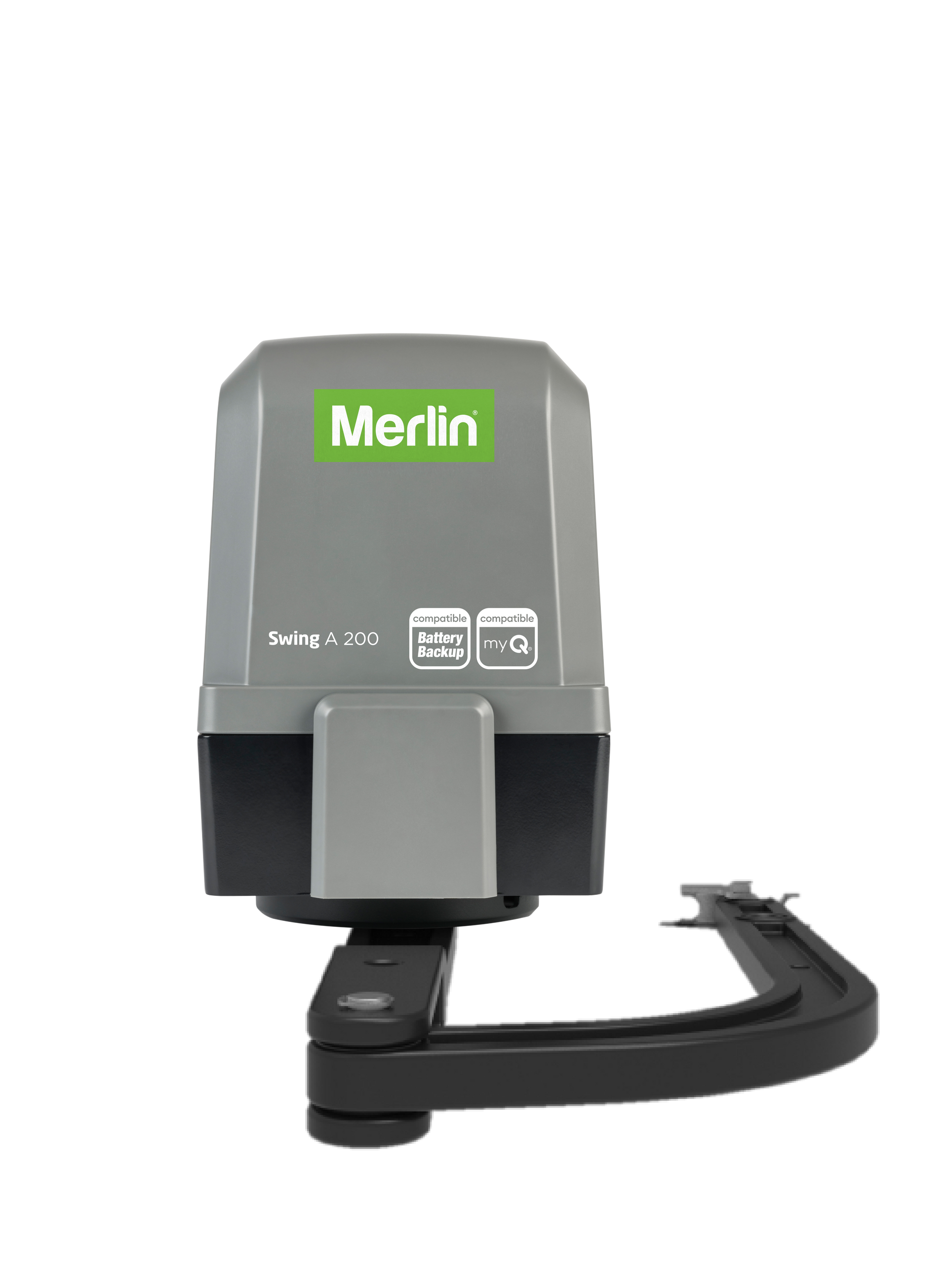 Merlin Gate Motor, Gray Casing With Green Logo, Black Arm Attached — Coastal Auto Doors & Gates In Caloundra, QLD