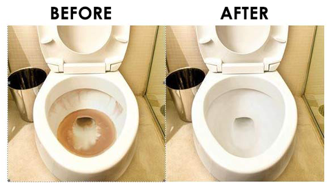 A before and after picture of a toilet in a bathroom.