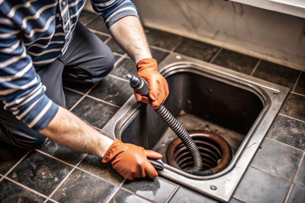 A person wearing orange gloves uses a drain snake to clear a clog in a tiled floor drain.
