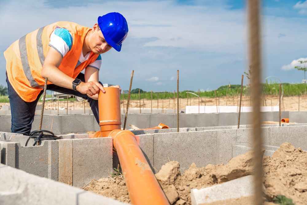 A worker in a high-visibility vest and blue hard hat installs orange drainage pipes at a concrete block construction site.