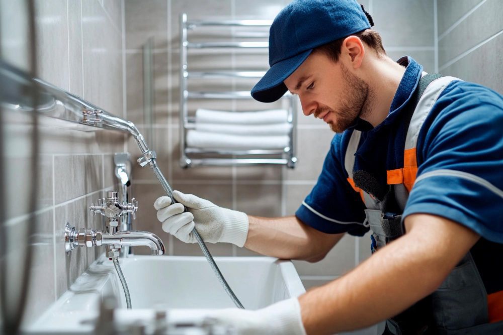 A plumber in a blue cap and work uniform repairs a metal faucet fixture above a white bathroom sink.