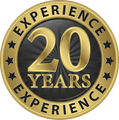 A gold and black badge that says experience 20 years