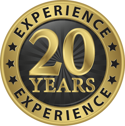 A gold and black badge that says experience 20 years