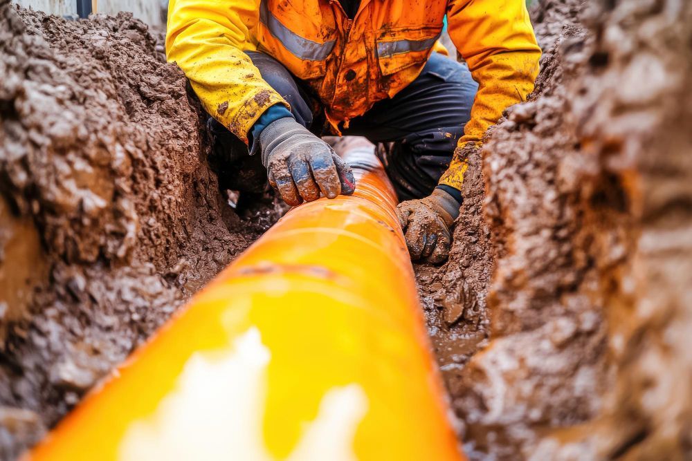 A person in high-visibility orange clothing works on an orange pipe laid in a muddy trench.