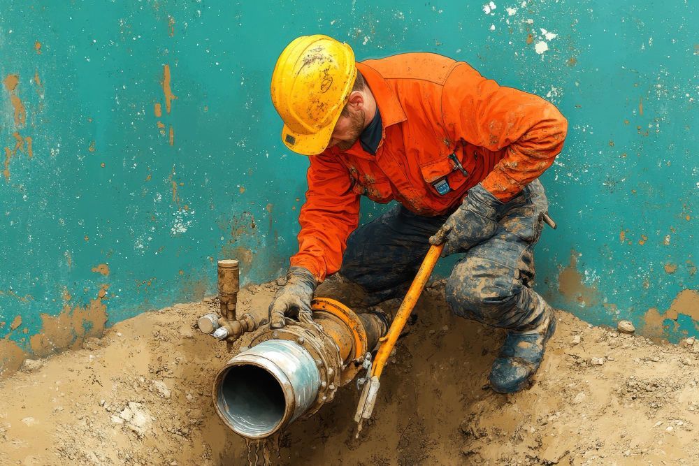 A construction worker in a yellow hard hat and orange shirt kneels in a dirt trench, working on an exposed pipe.