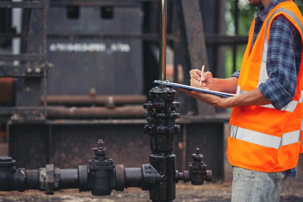 A worker in an orange safety vest inspecting industrial pipe equipment and writing on a clipboard.