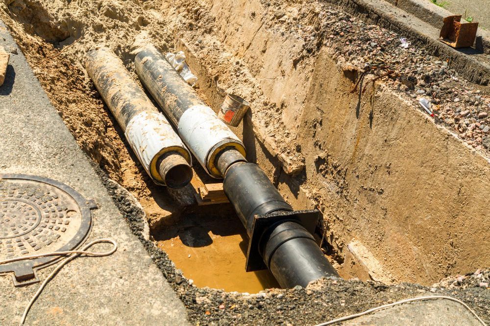 Two insulated pipes lie in a dirt trench next to a circular manhole cover.