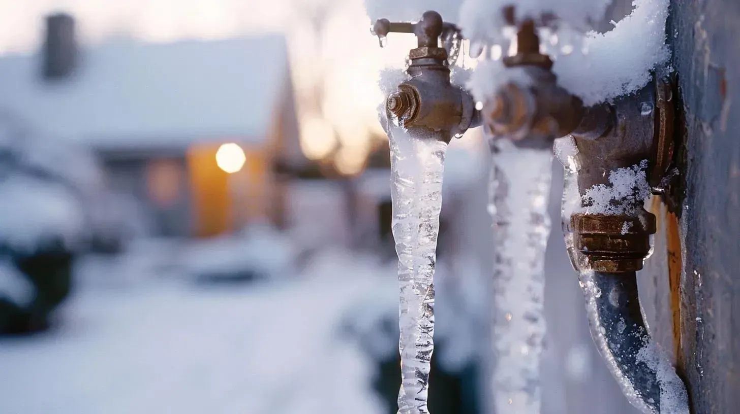Two outdoor brass faucets covered in snow and thick icicles against a blurred, snowy residential background.