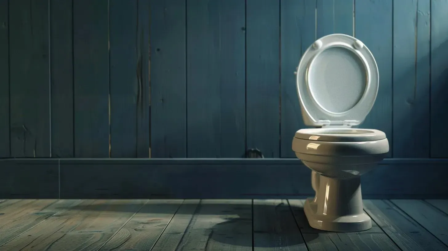 A white toilet with an open lid stands in a dimly lit room with blue wooden walls and floorboards.