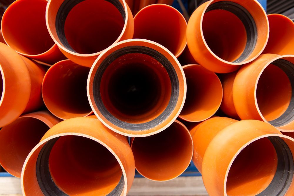 A stack of orange plastic drainage pipes, centered on an open, circular pipe end with a black interior gasket.