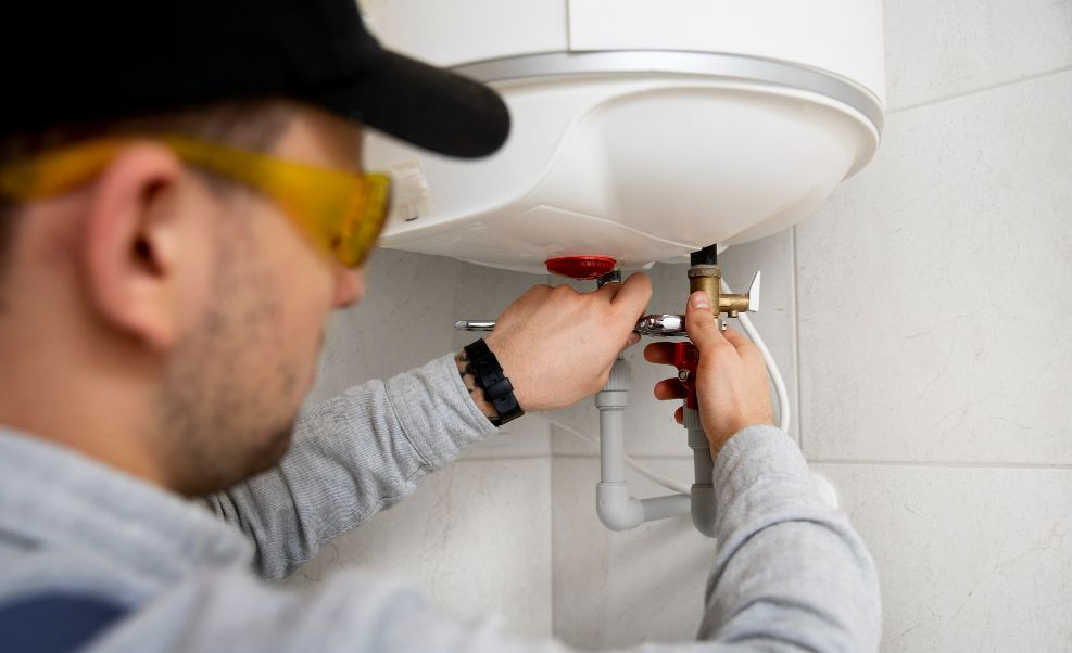 A professional technician in protective eyewear uses a wrench to install plumbing pipes under a wall-mounted water heater.