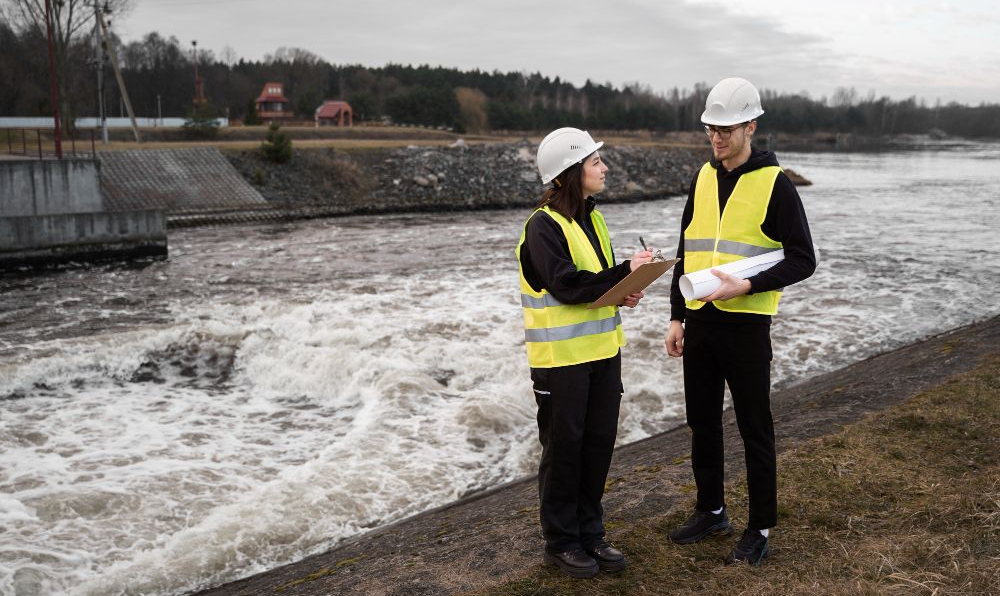 Two professionals in hard hats and high-visibility vests consult documents by a rushing river.