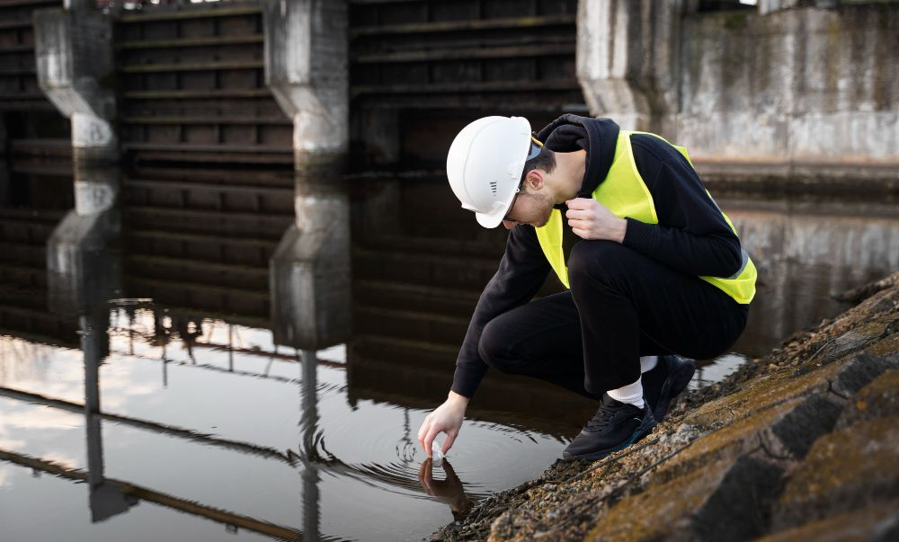 A person in a hard hat and high-visibility vest collects a water sample near a concrete industrial dam.