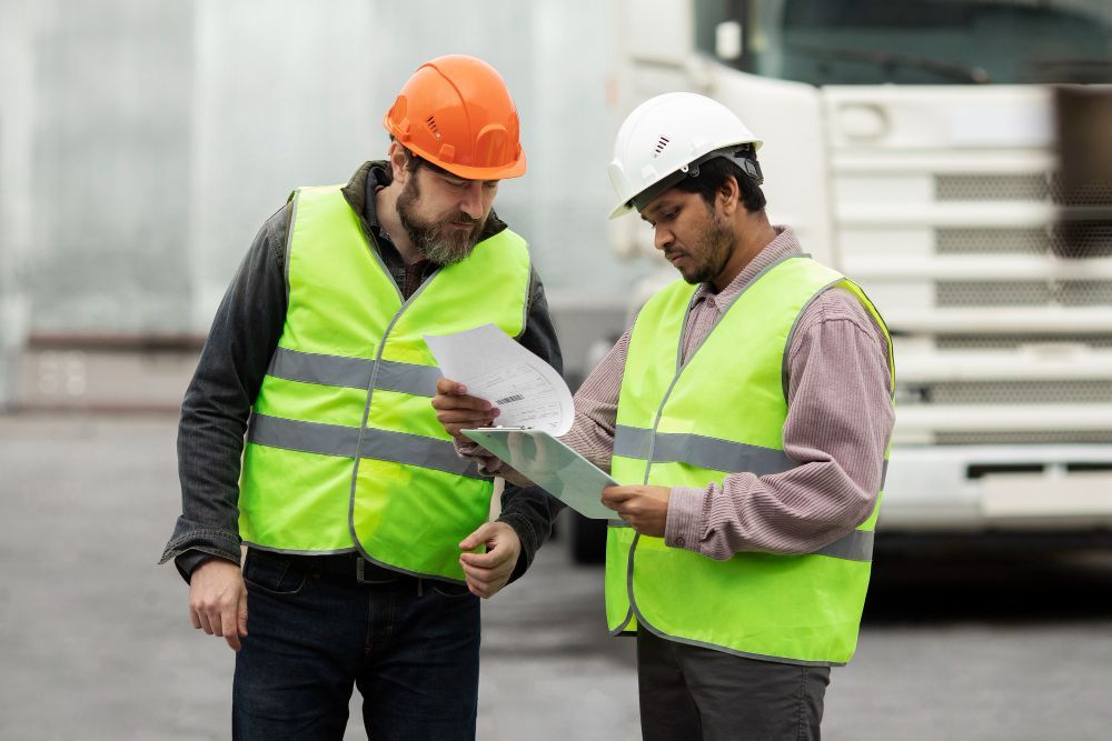 Two workers in hard hats and high-visibility vests consult paperwork outdoors in front of a white truck.