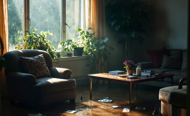 A sunny, quiet living room featuring an armchair, a coffee table with scattered items, indoor plants, and a sofa.