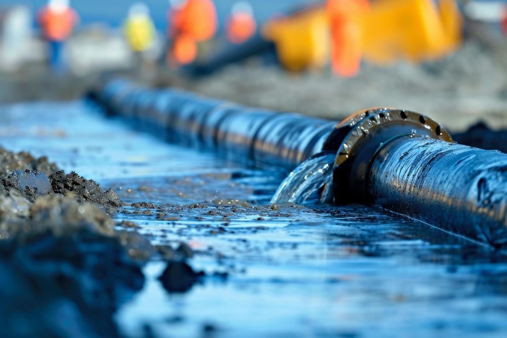 A dark, industrial pipe leaks water into a muddy, shallow trench with construction workers blurred in the background.