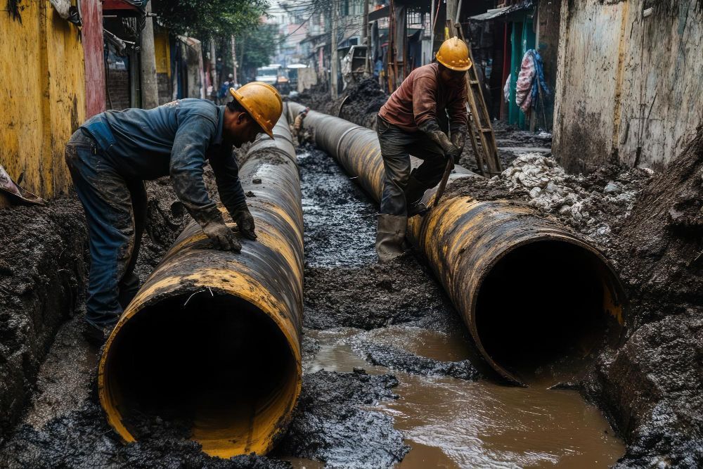 Two workers in hard hats install large, muddy industrial pipes in an urban trench.