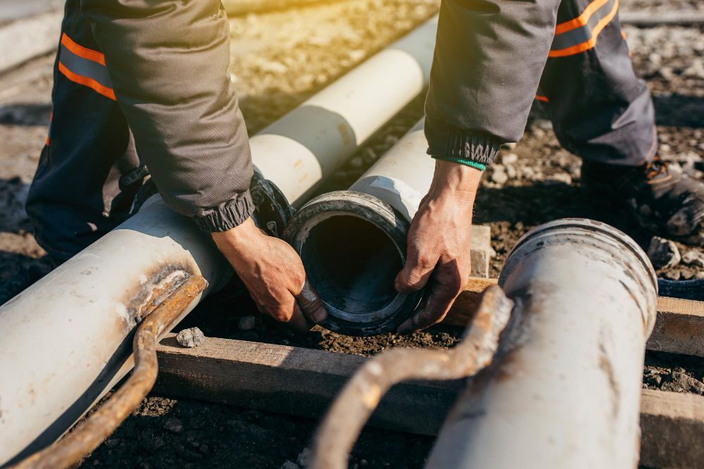 Workers connecting industrial pipes on a construction site.