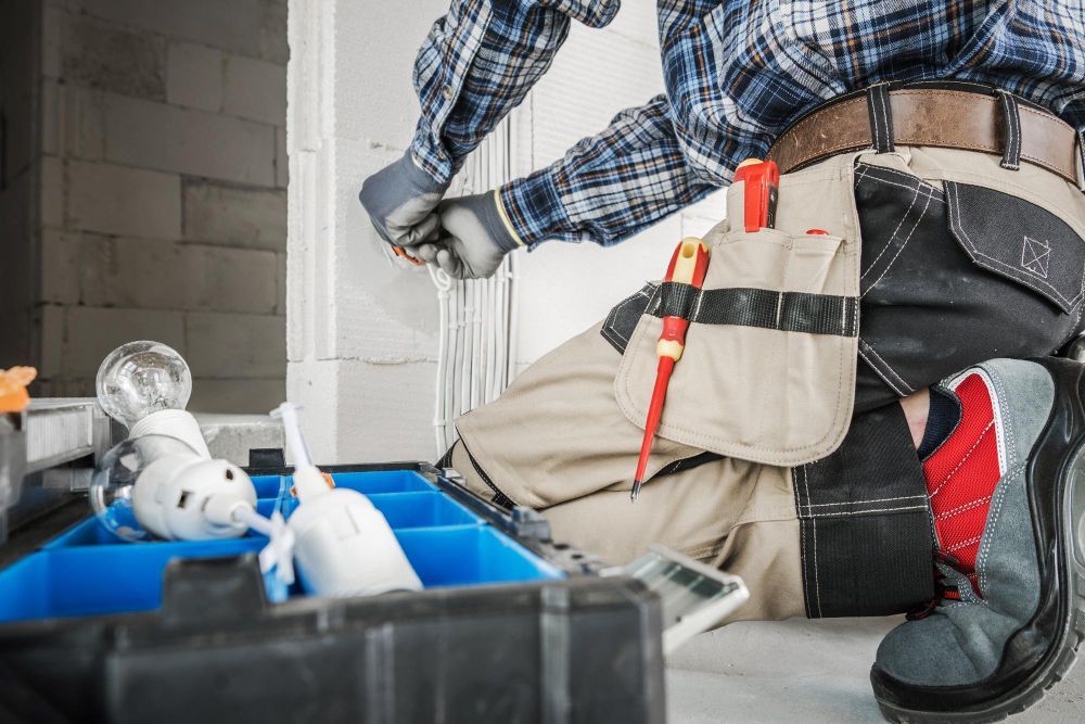 An electrician in work clothes and a tool belt kneels on a construction site, preparing wires near a toolbox.